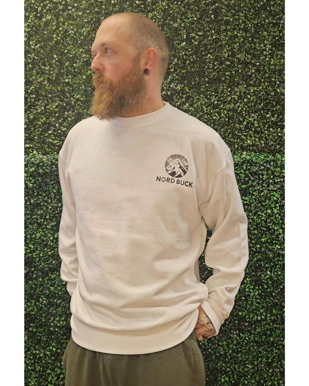 Mens Crewneck White Sweater Mountain Design