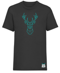 Black tshirt with blue geometric stag design on