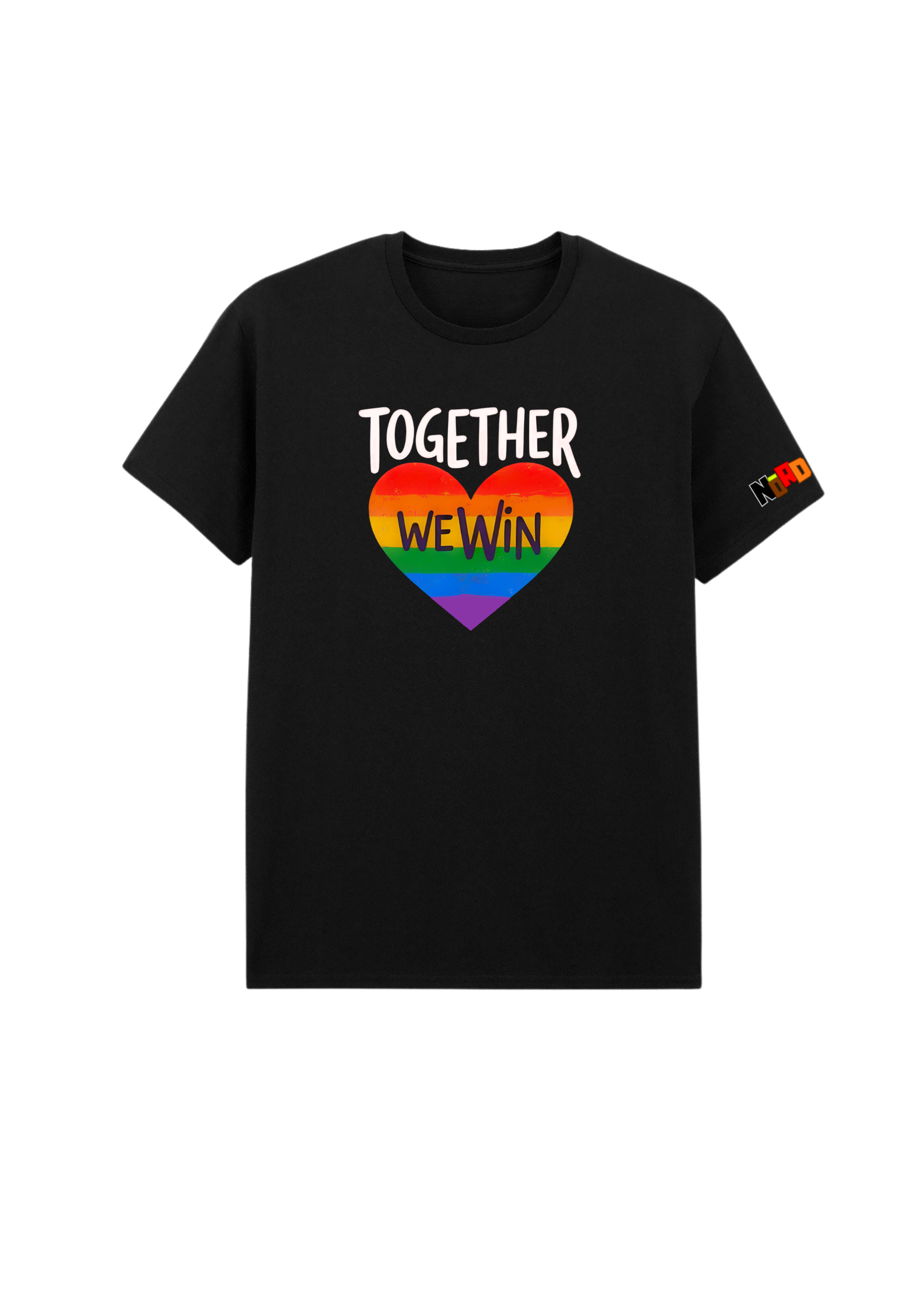 Black unisex Pride t-shirt featuring the phrase 'TOGETHER WE WIN' in a rainbow heart design.