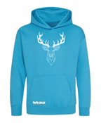 blue hoodie with large stag on white background