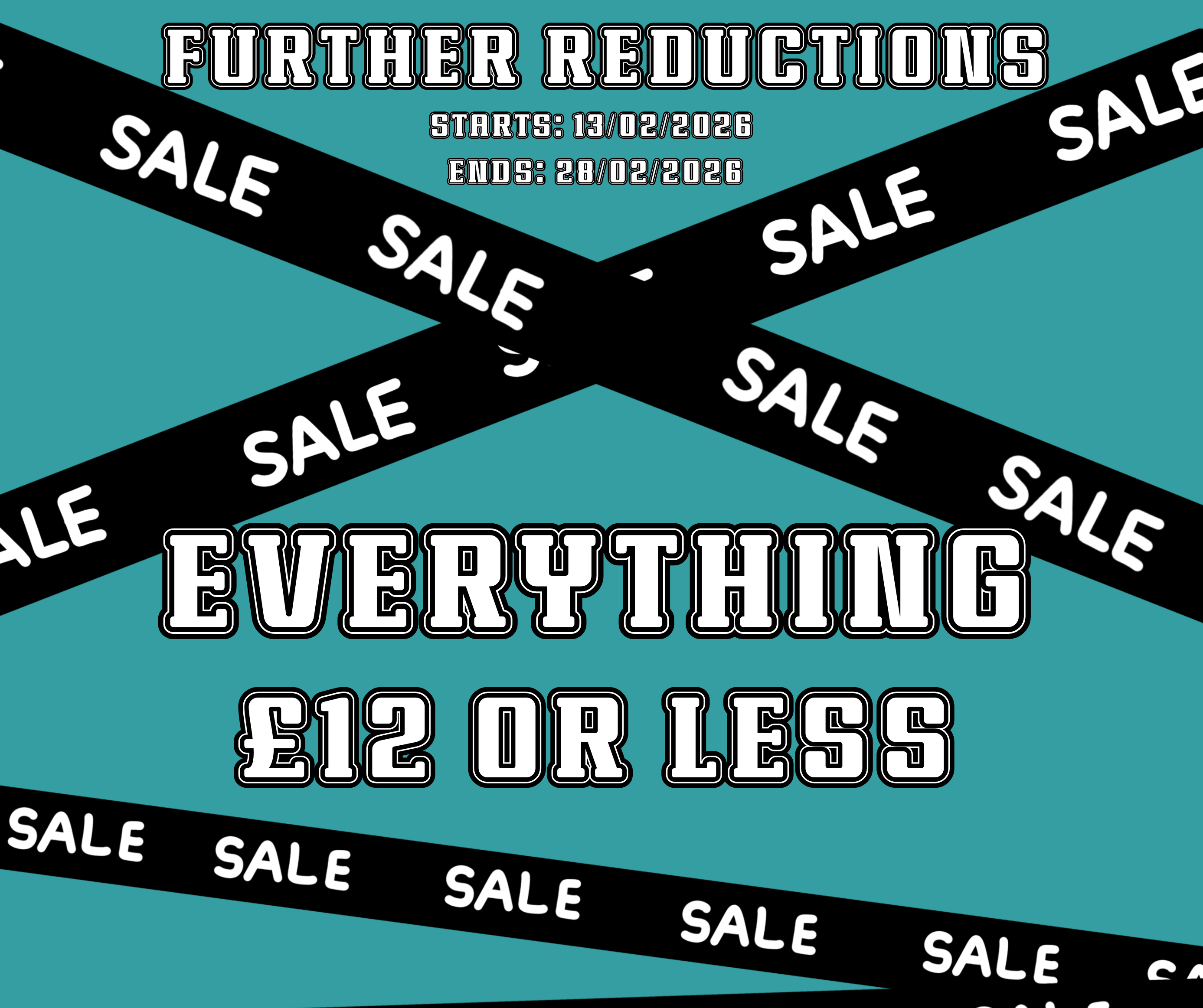 Sale banner with 'Further Reductions' and 'Everything £12 or Less' text on a teal background.