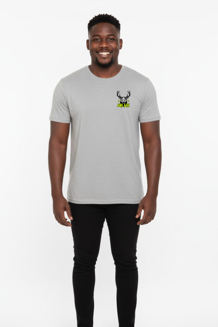 Man wearing a gray t-shirt with a logo on a white background