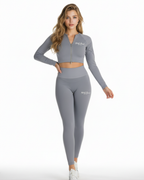 Woman wearing a gray athletic outfit with 'Bard Boudoir' branding on a white background