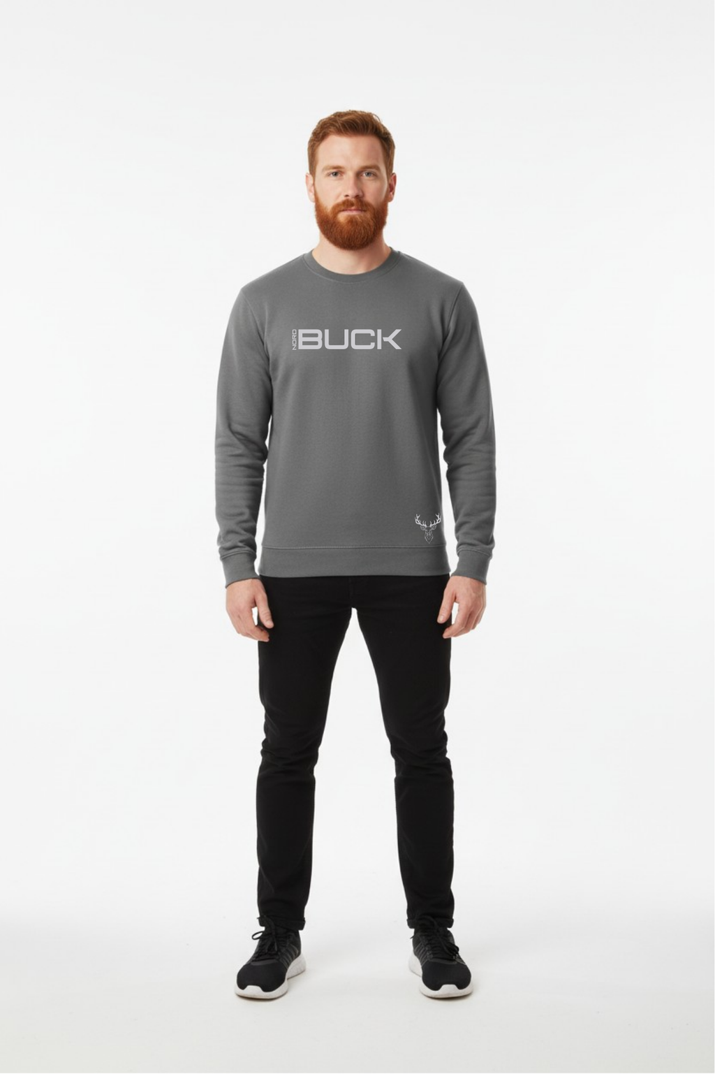 Man wearing a gray sweatshirt with 'Buck' logo on a white background