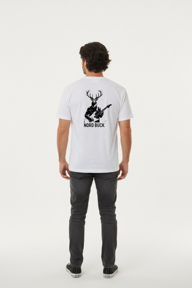 Person wearing a white t-shirt with a graphic design on the back against a white background