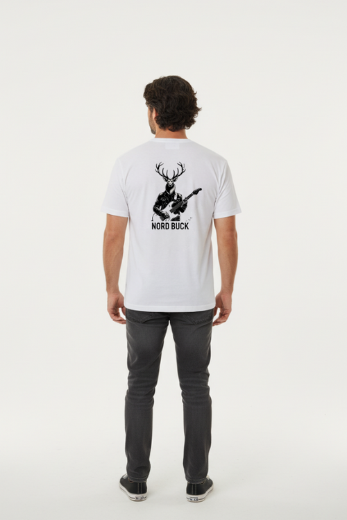 Person wearing a white t-shirt with a graphic design on the back against a white background