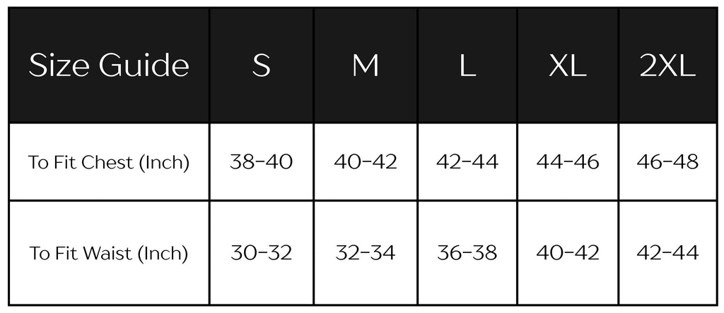 Size guide chart for clothing measurements in inches