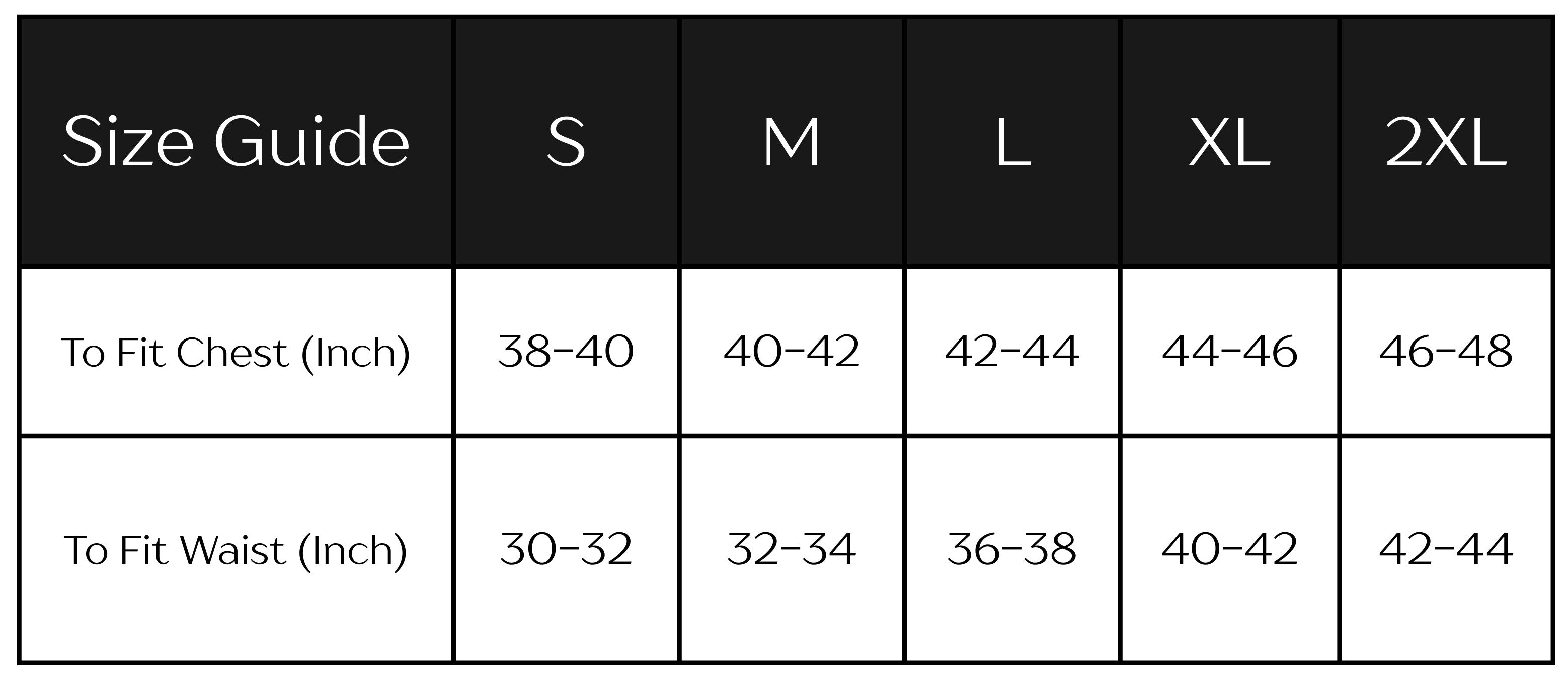 Size guide chart for clothing measurements in inches