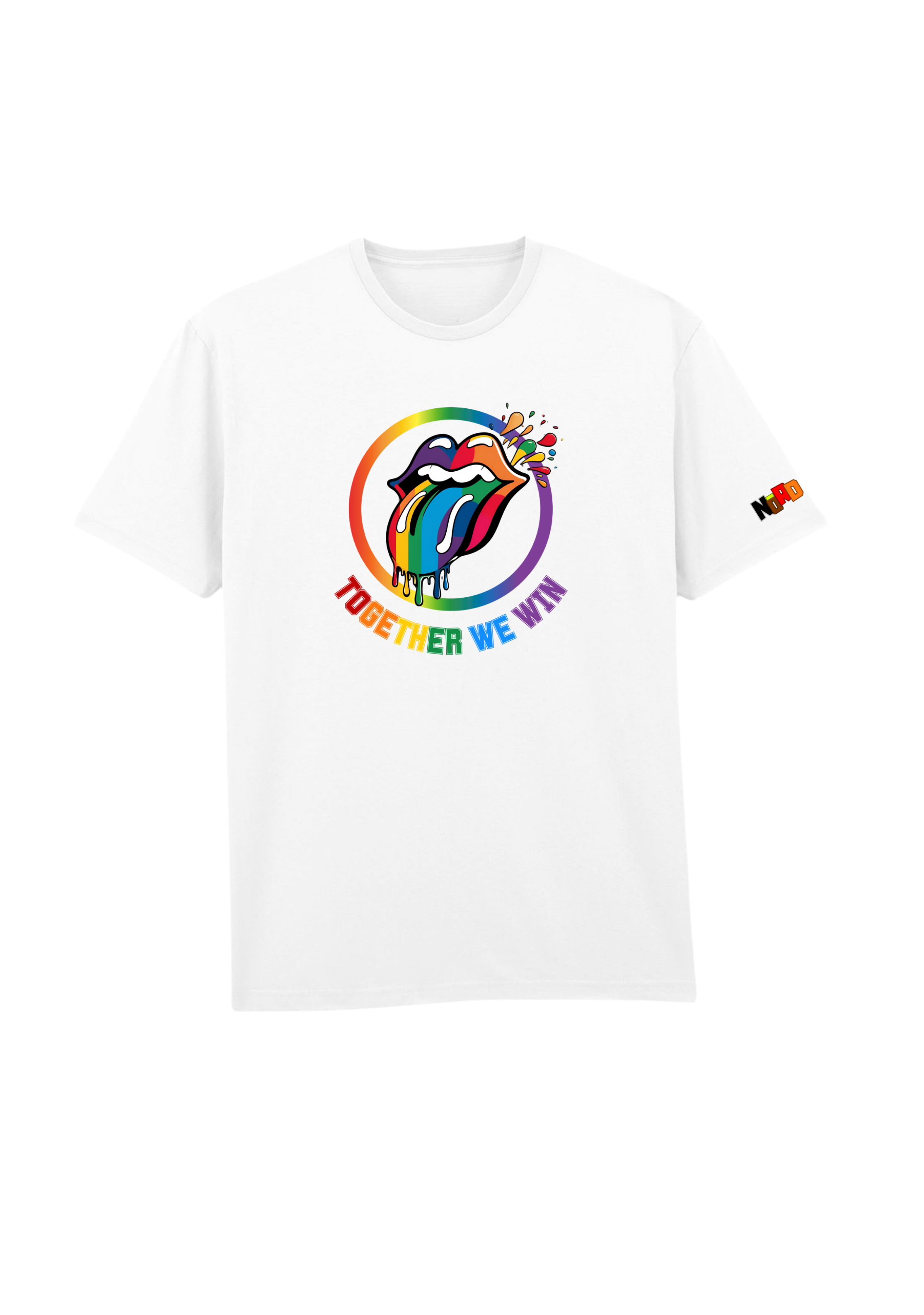 White t-shirt featuring rainbow lips design and text 'Together We Win', perfect for Pride celebrations.