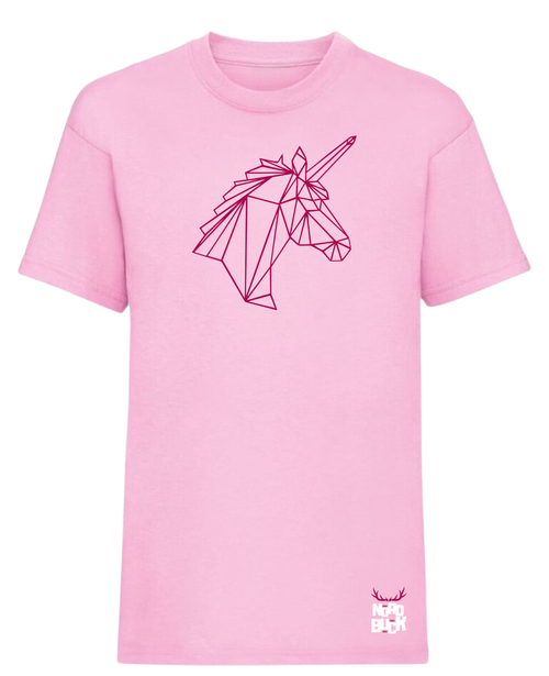 Girls pink tshirt with gemometric unicorn design on the front