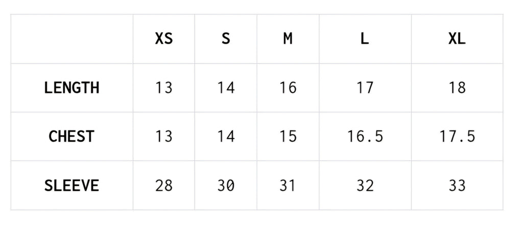 Measurement chart for clothing sizes XS to XL with dimensions for length, chest, and sleeve.