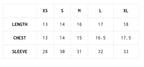 Measurement chart for clothing sizes XS to XL with dimensions for length, chest, and sleeve.