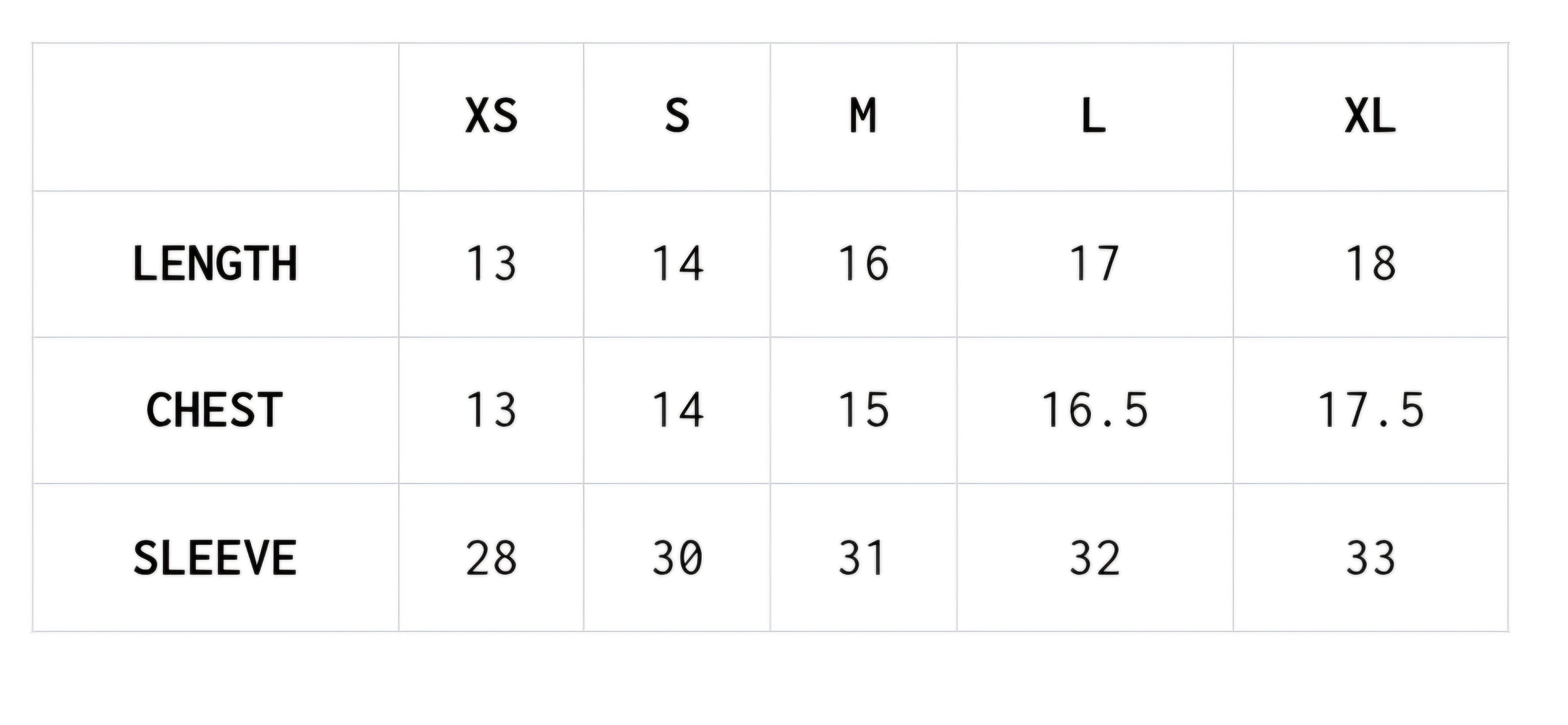Measurement chart for clothing sizes XS to XL with dimensions for length, chest, and sleeve.