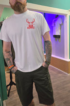 Man wearing white sports tshirt