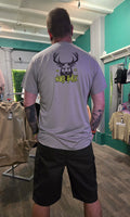 Man wearing light grey sports tshirt
