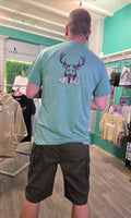 Man wearing light blue sports tshirt back